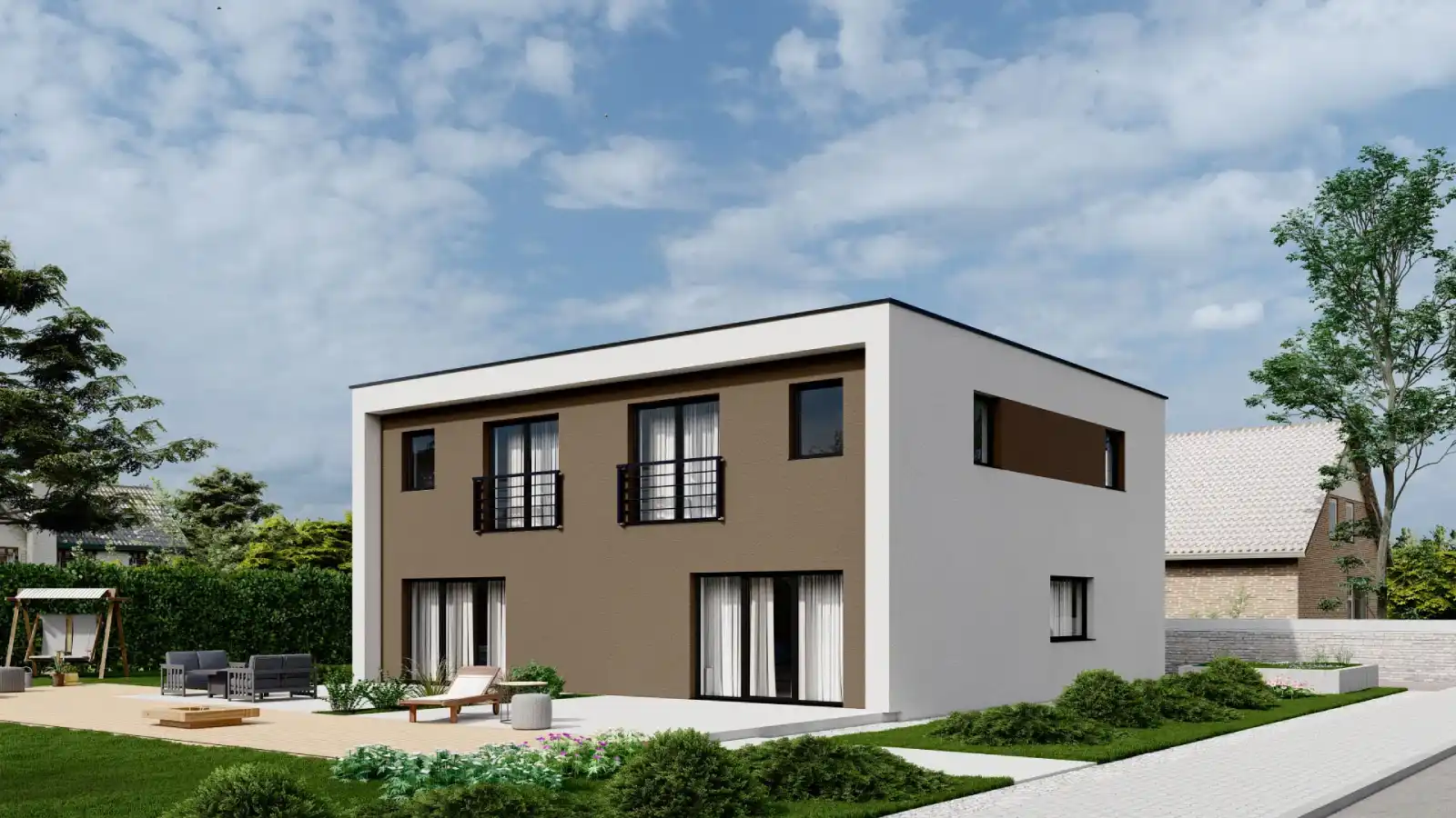 Casa prefabricada adosada altura trasera techo plano