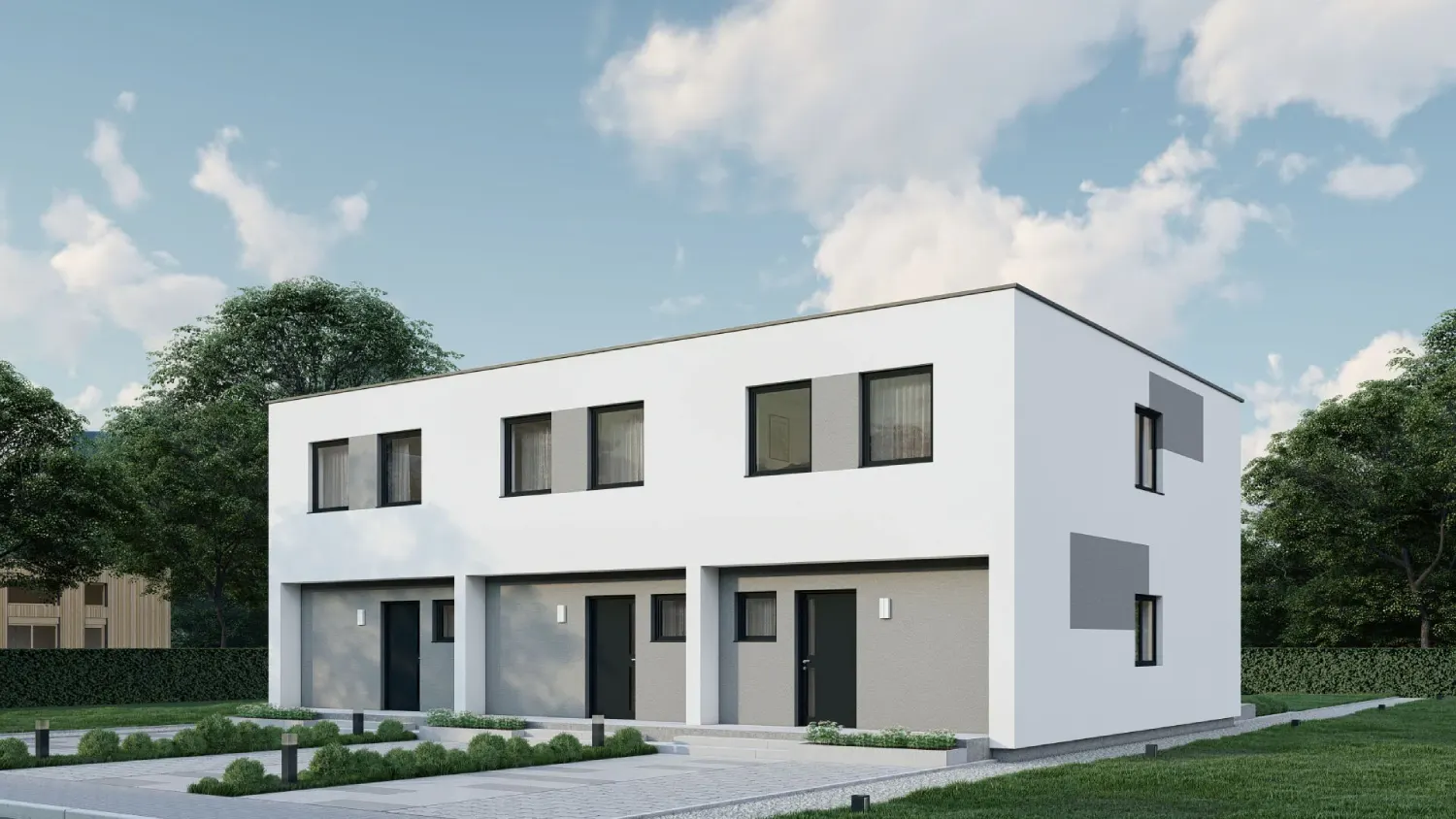 Casa prefabricada adosada norville parte delantera techo plano