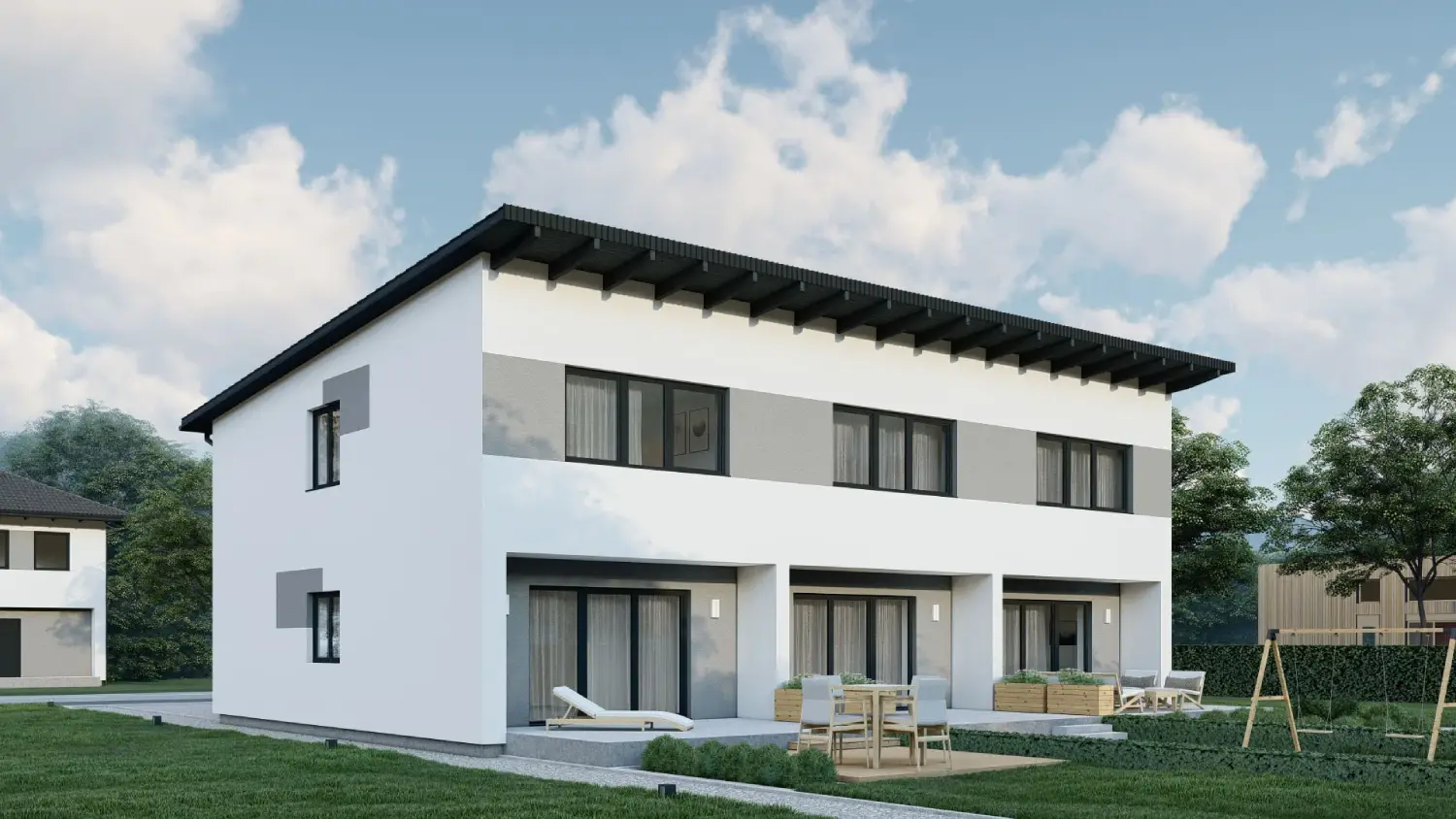 Casa prefabricada adosada norville parte trasera techo 2 aguas