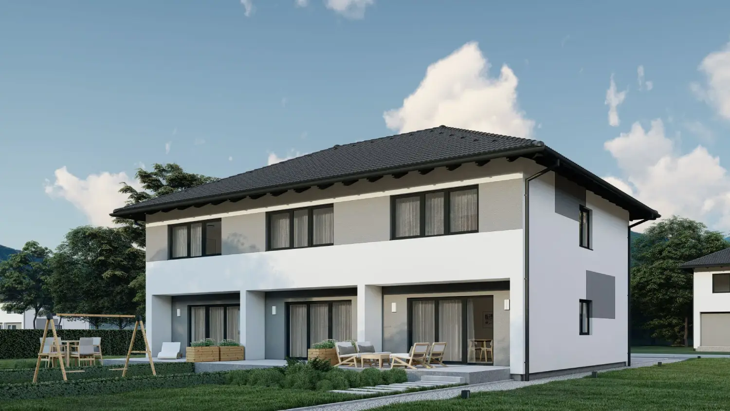 Casa prefabricada adosada norville parte trasera techo 4 aguas