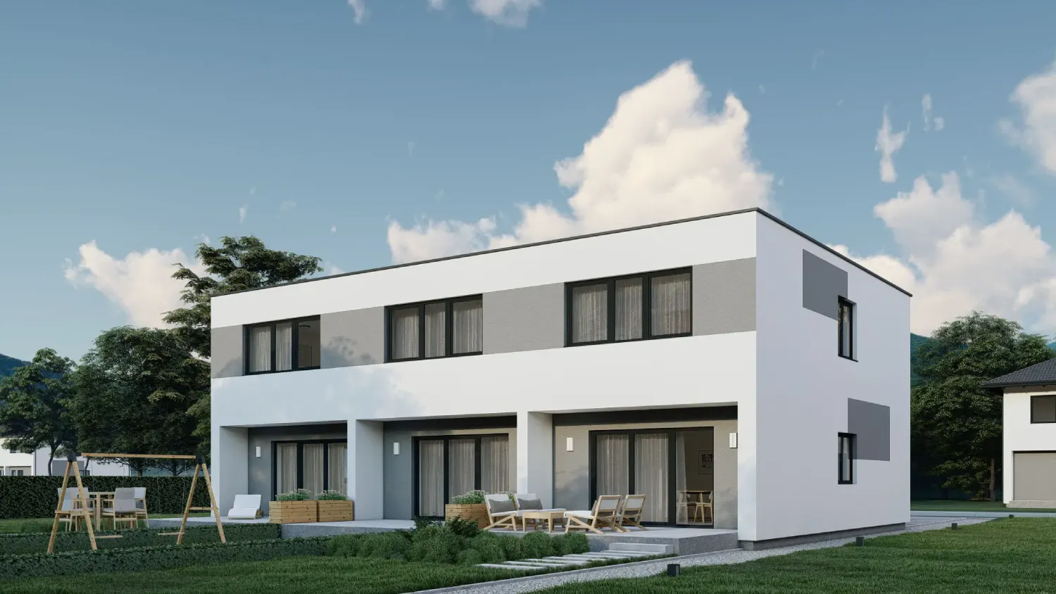 Casa prefabricada adosada norville parte trasera techo plano
