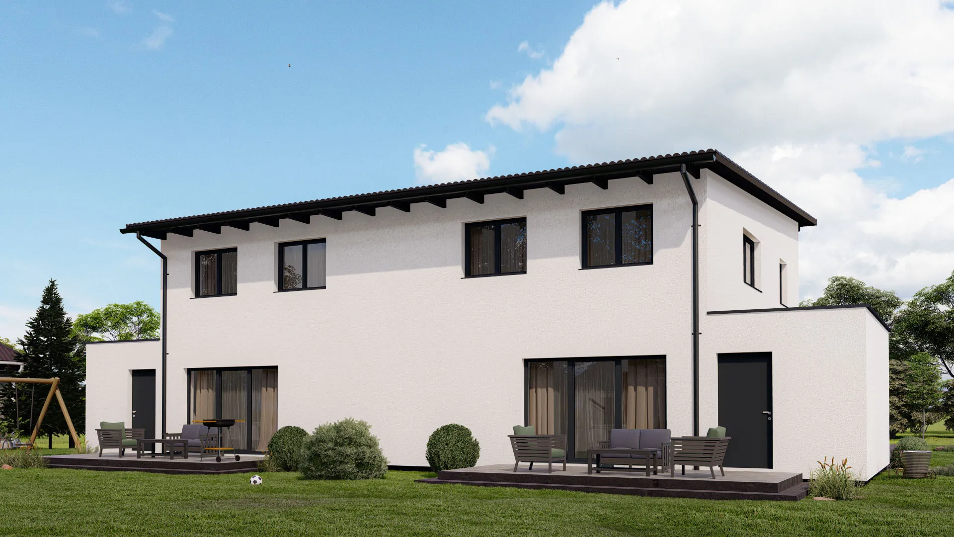 Casa prefabricada adosada sinzheim techo plano atras
