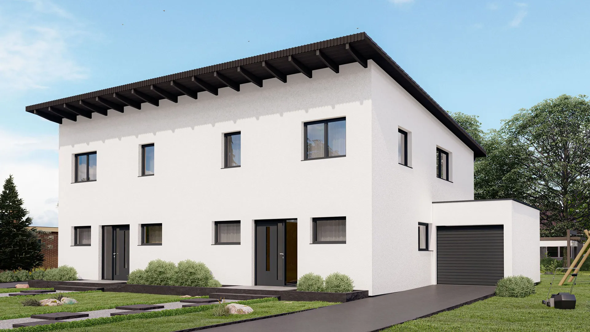 Casa prefabricada adosada sinzheim techo plano delante