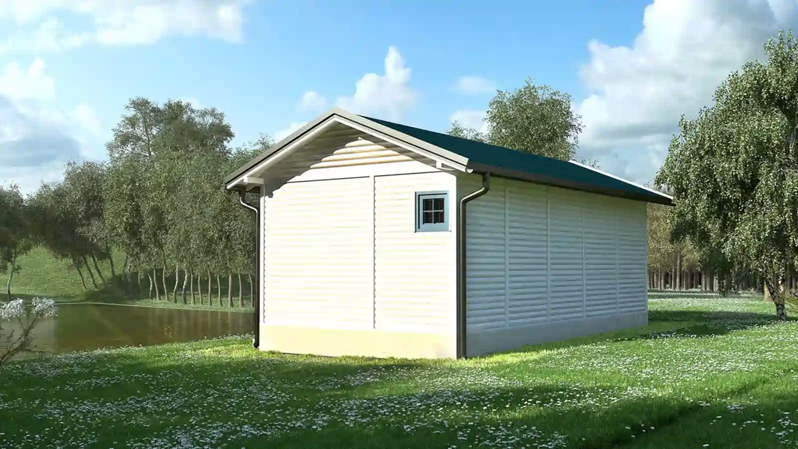 Bungalow prefabriado de madera vista trasera