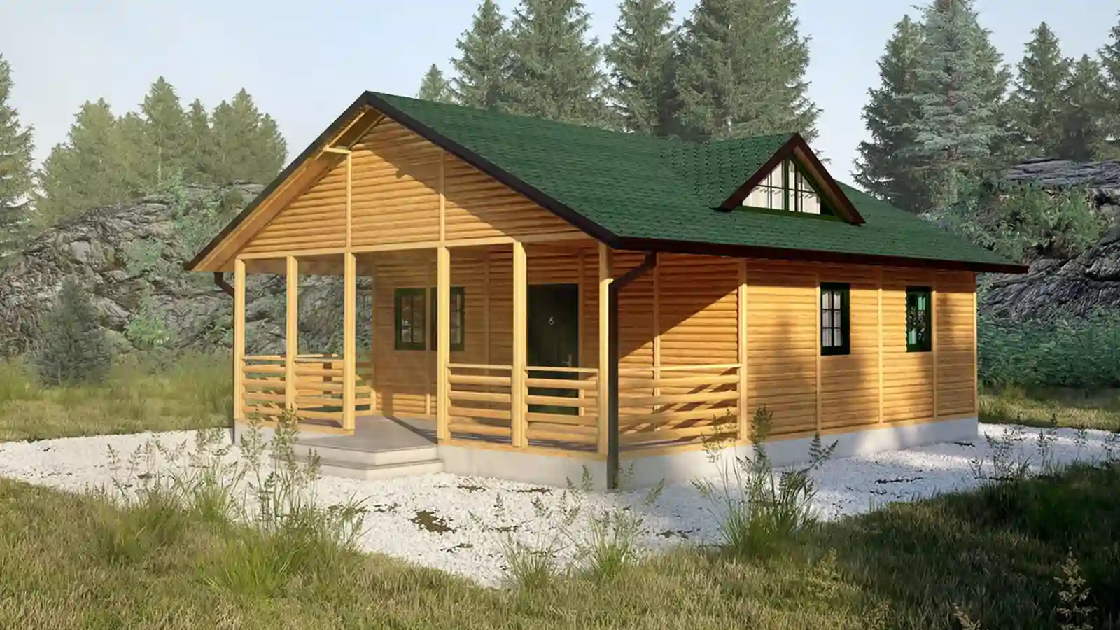 Bungalow prefabricado de madera Una vista lateral
