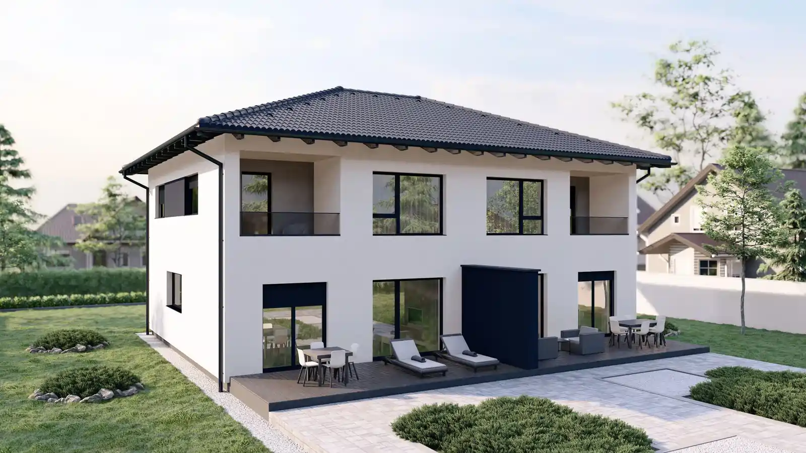 Casa modular adosada Valery detras 4 aguas