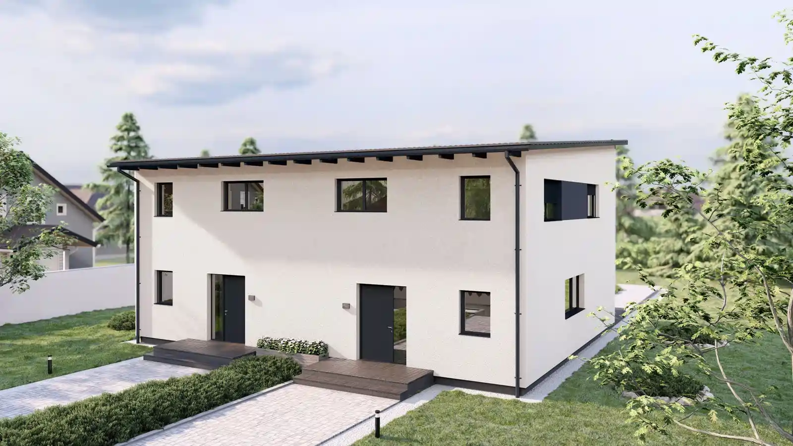 Casa modular adosada Valery techo inclinado delante