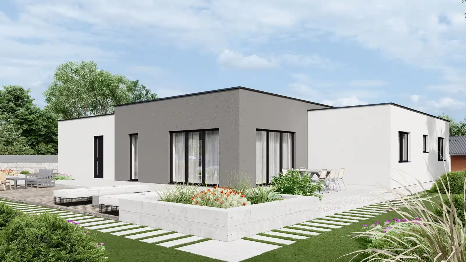 Casa prefabricada de una planta Athena vista posterior