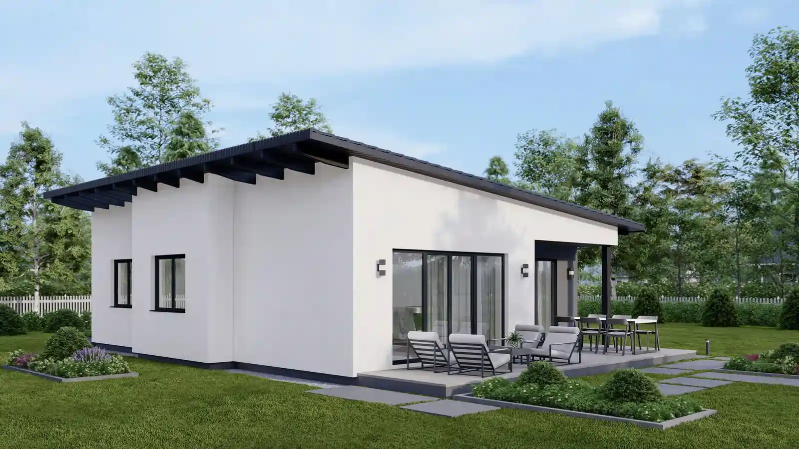 Casa prefabricada Clarence techo inclinado lateral
