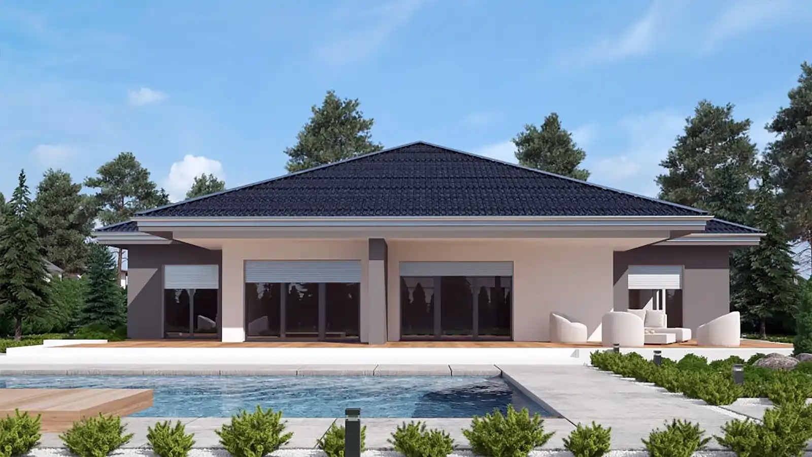 Casa prefabricada de 1 planta ECOMODE vista piscina