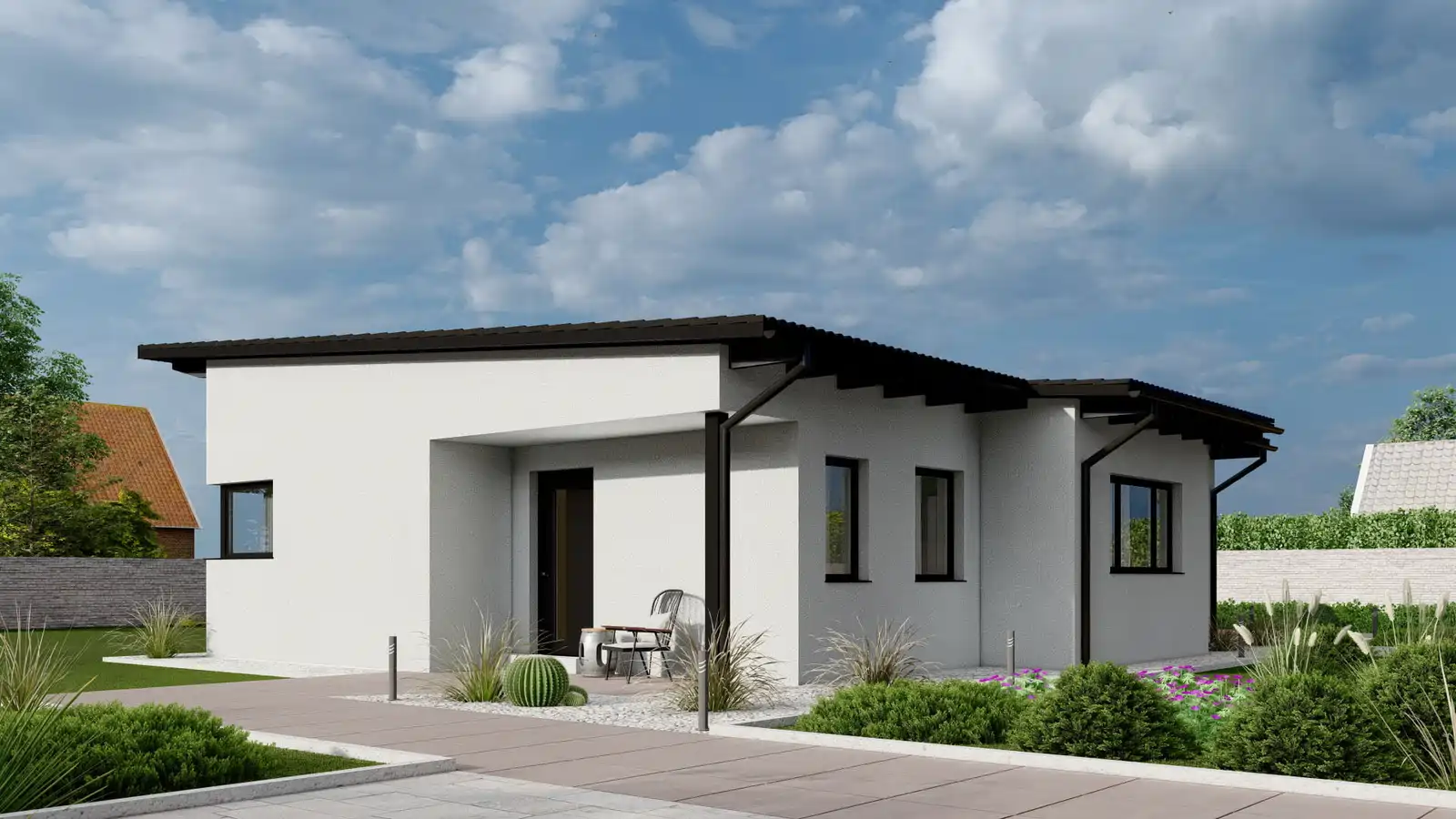 Casa prefabricada Lakeside techo inclinado frontal