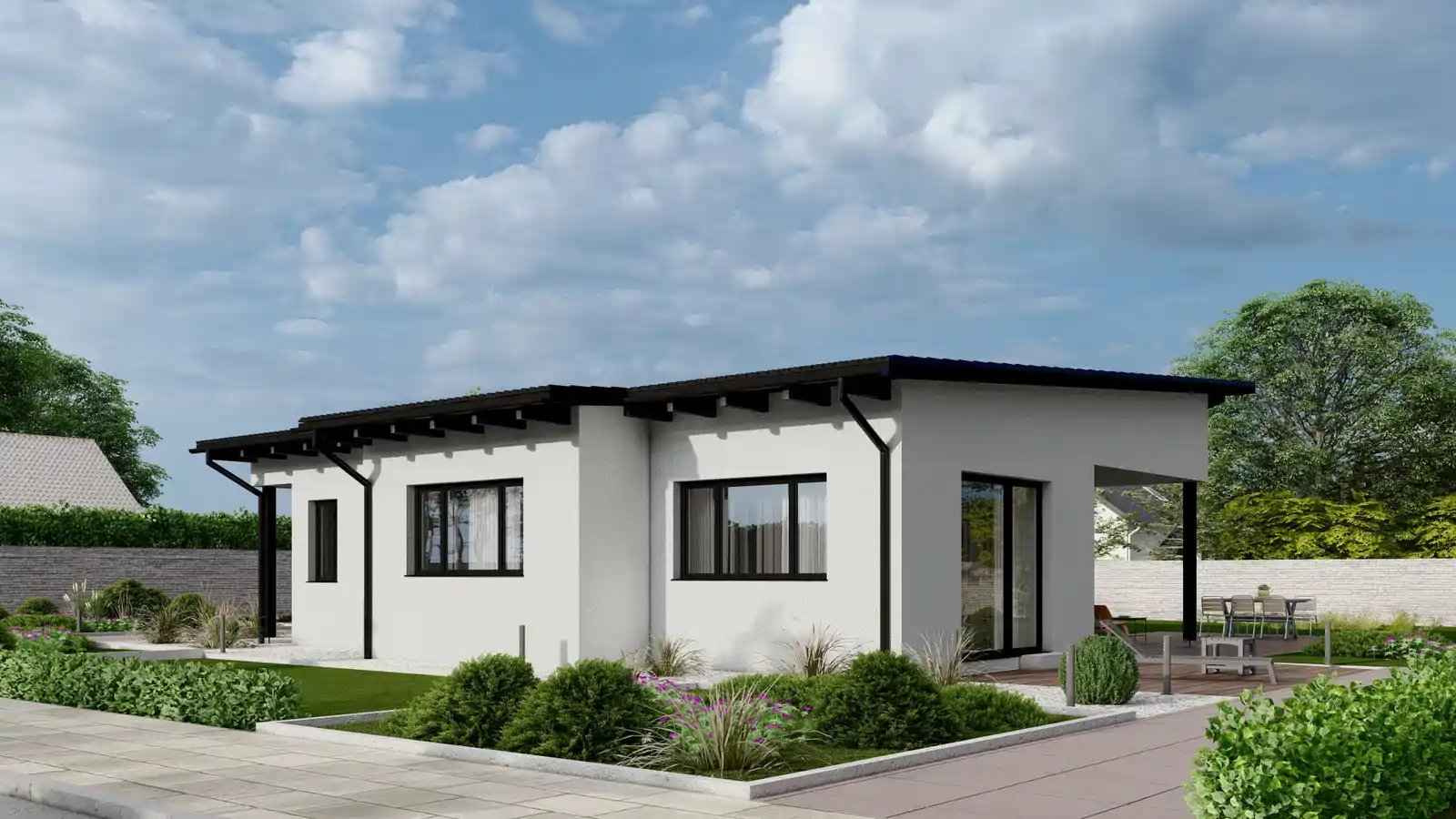 Casa prefabricada Lakeside techo inclinado vista lateral