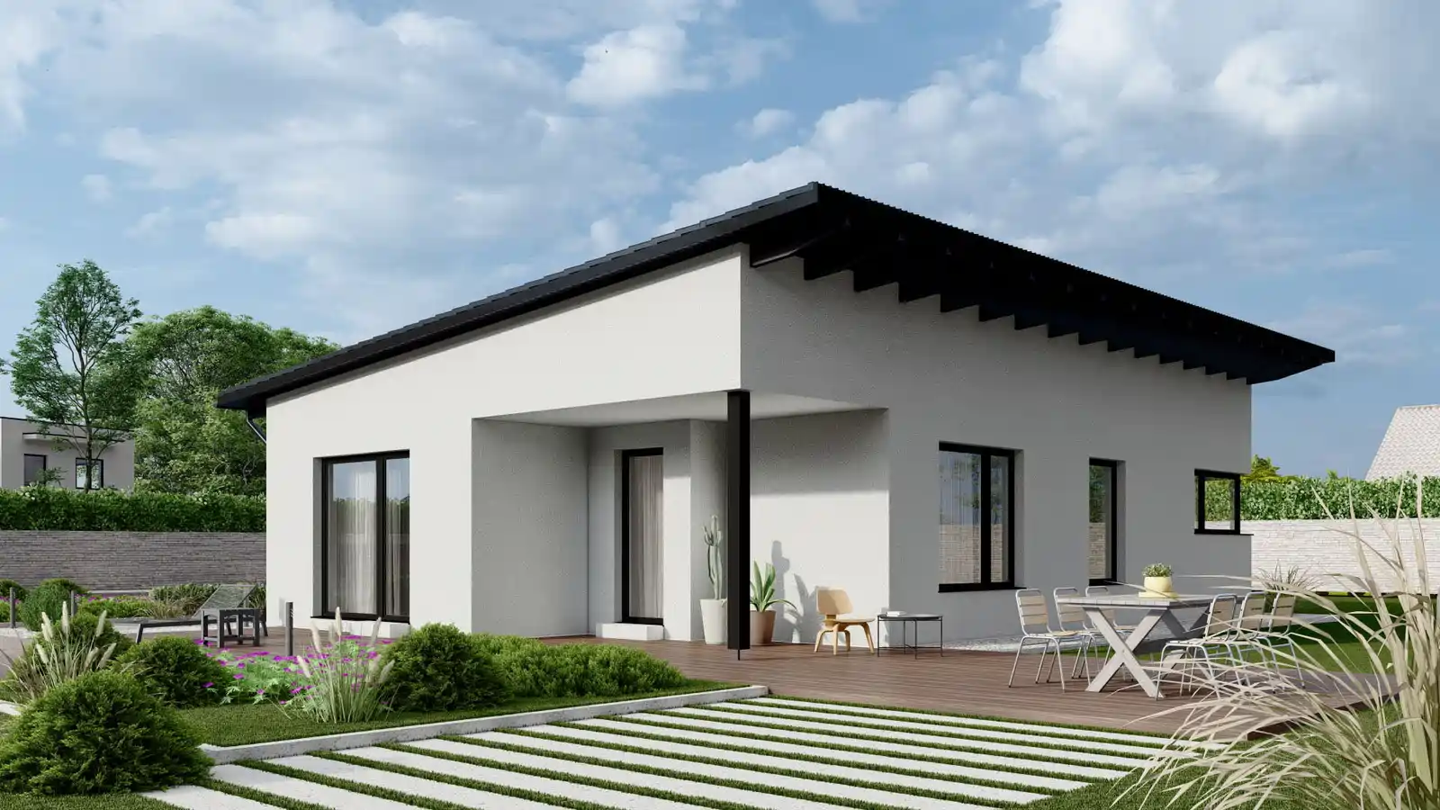 Casa prefabricada Lakeside techo inclinado vista posterior