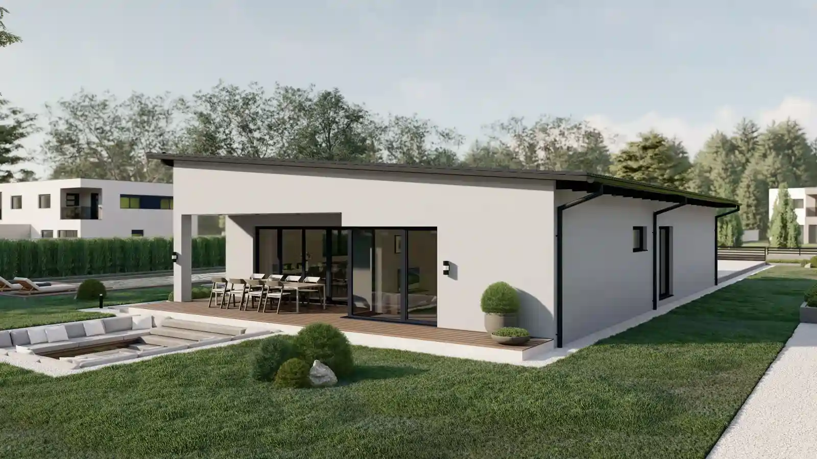 Casa prefabricada Luna techo inclinado vista posterior