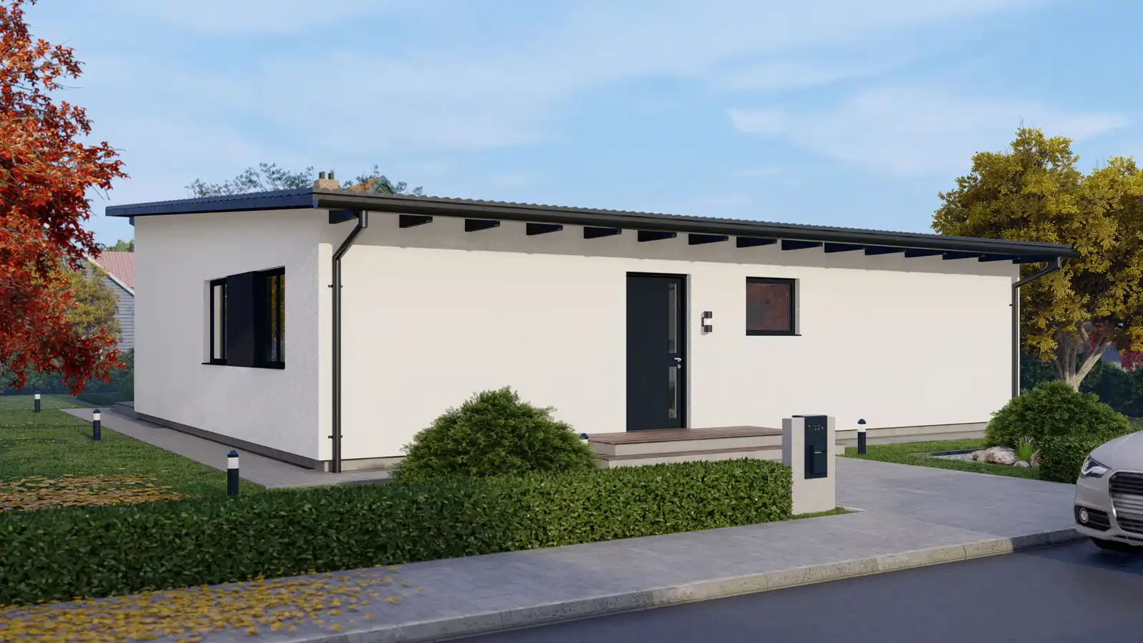 Casa prefabricada Woodside techo inclinado fontal