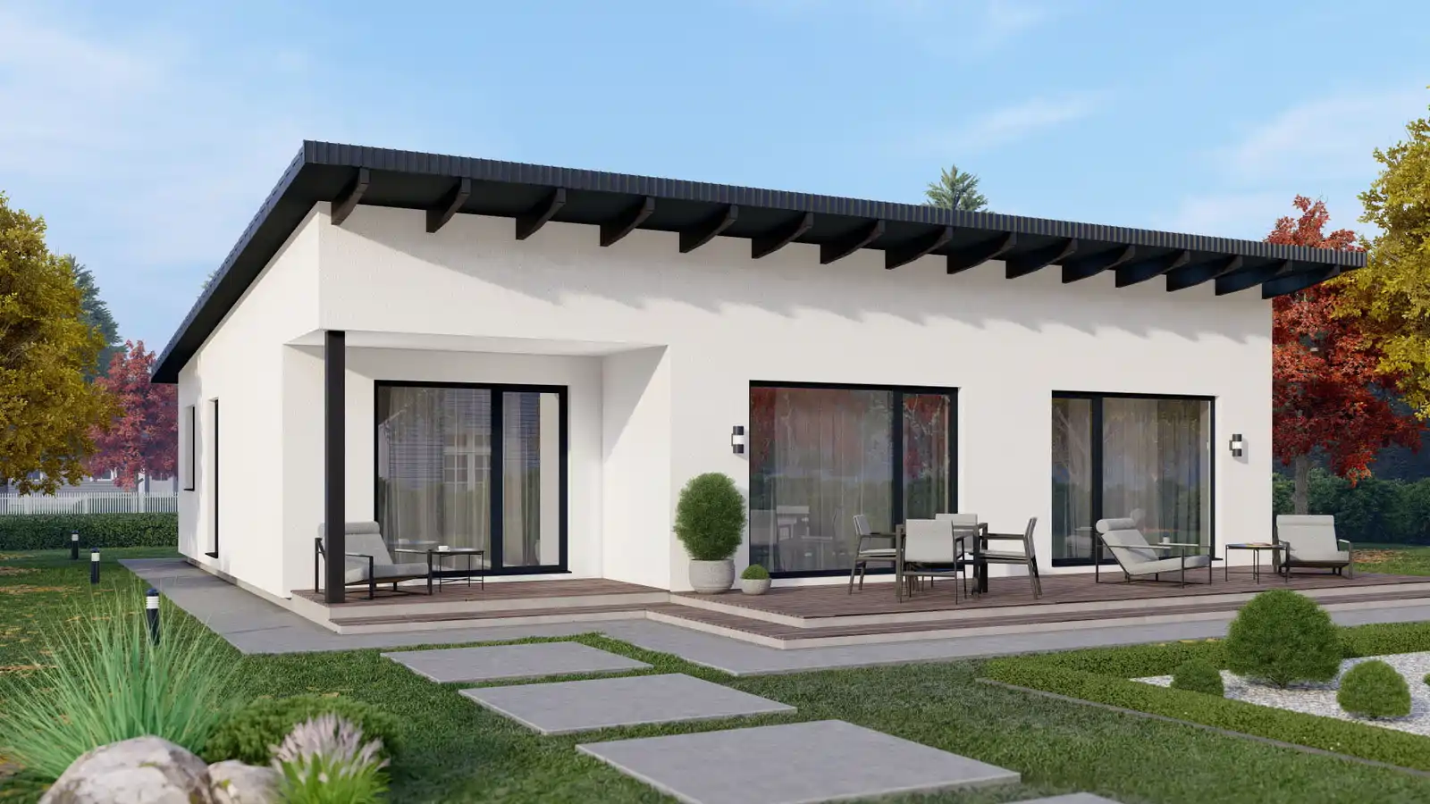 Casa prefabricada Woodside techo inclinado lateral