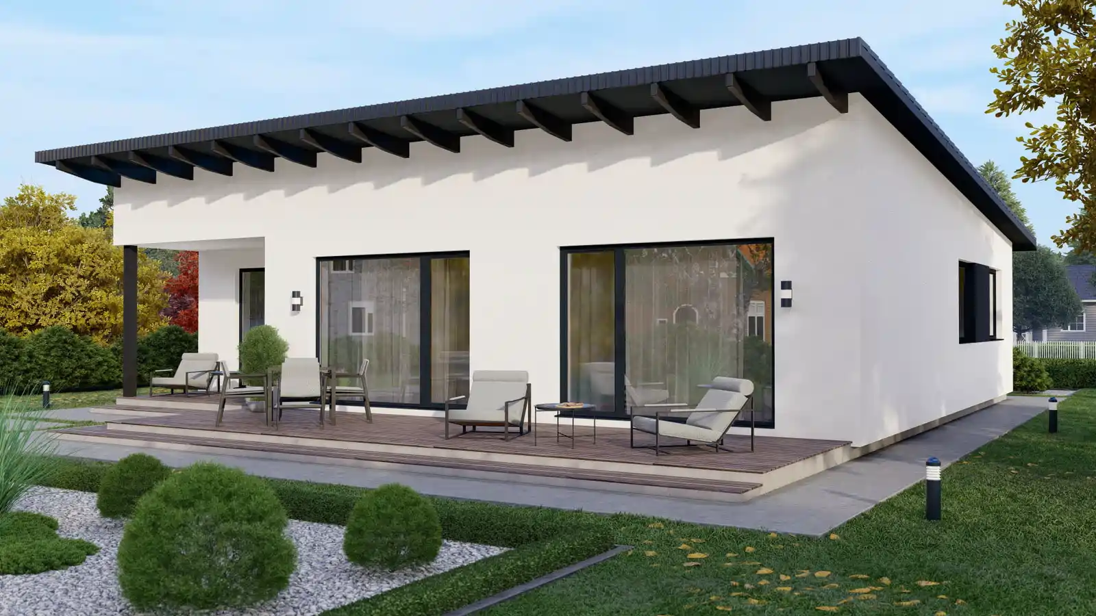 Casa prefabricada Woodside techo inclinado posterior