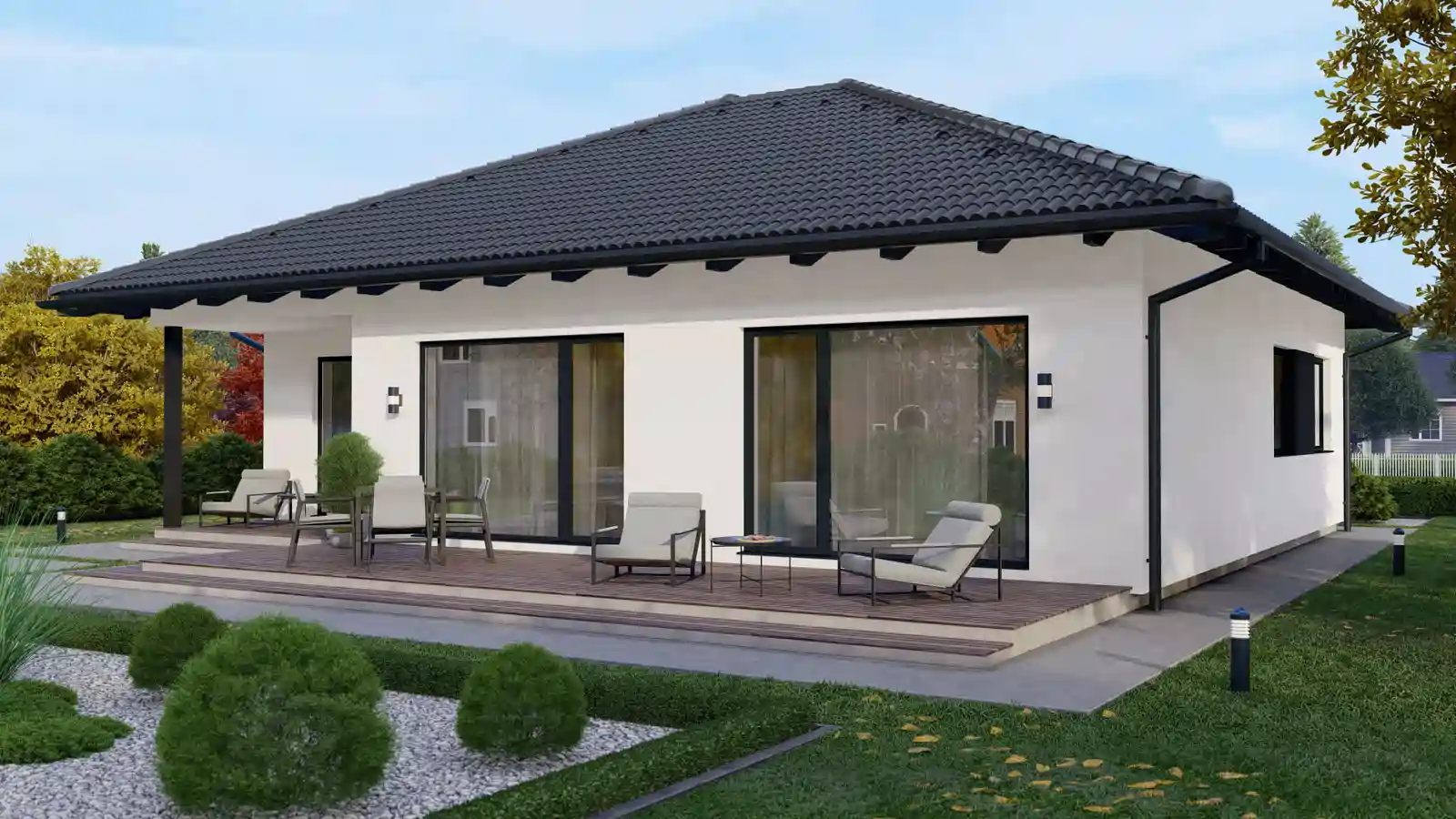 Vivienda prefabricada de 1 planta a 4 techos vista posterior