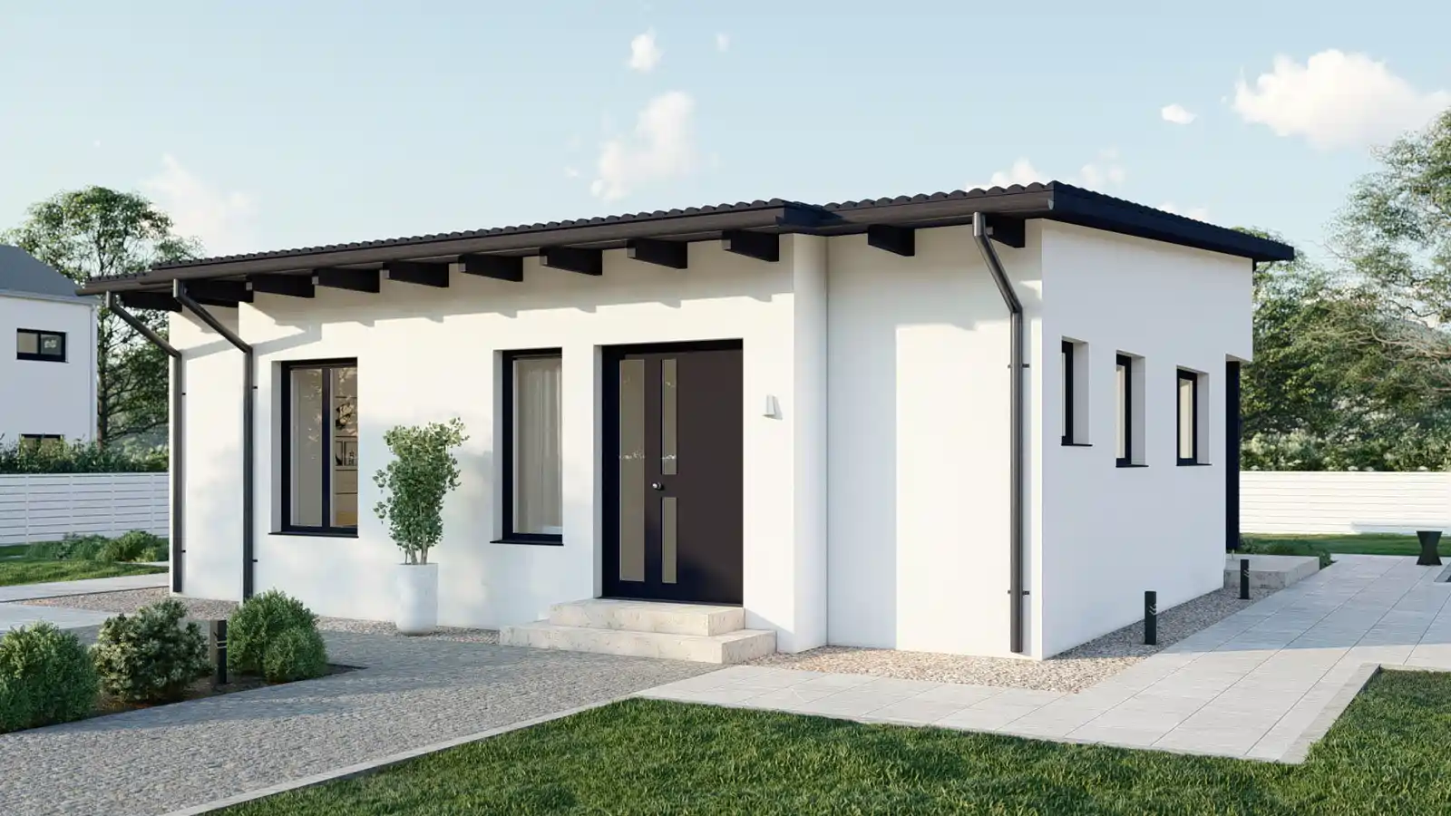Vivienda prefabricada modular Pearl techo inclinado frontal
