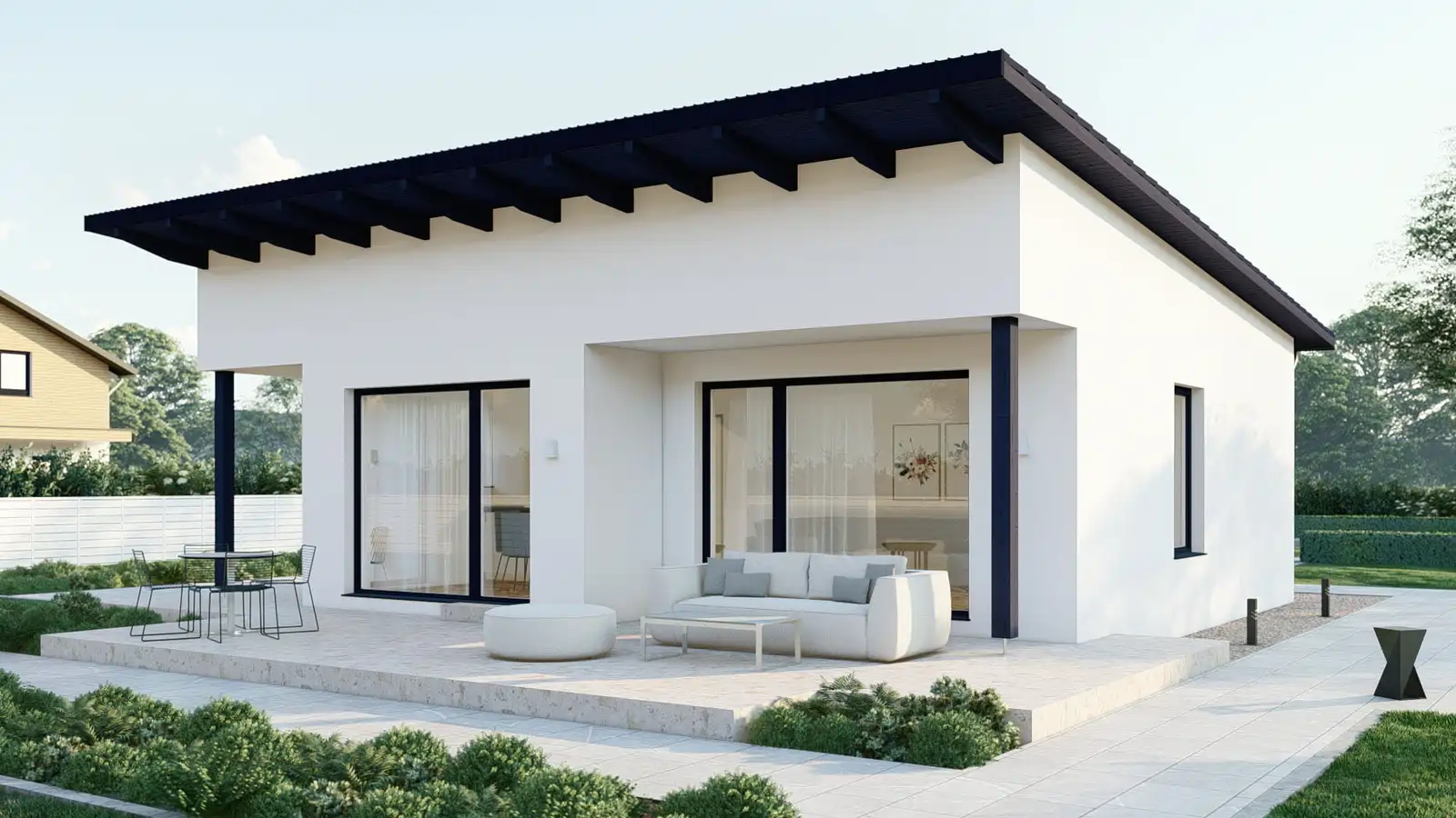 casa prefabricada de 1 planta modular Pearl techo inclinado posterior