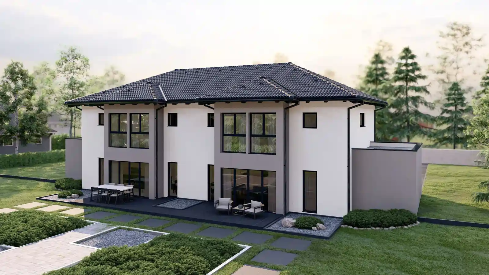 casa modular adosada 2 plantas 4 aguas