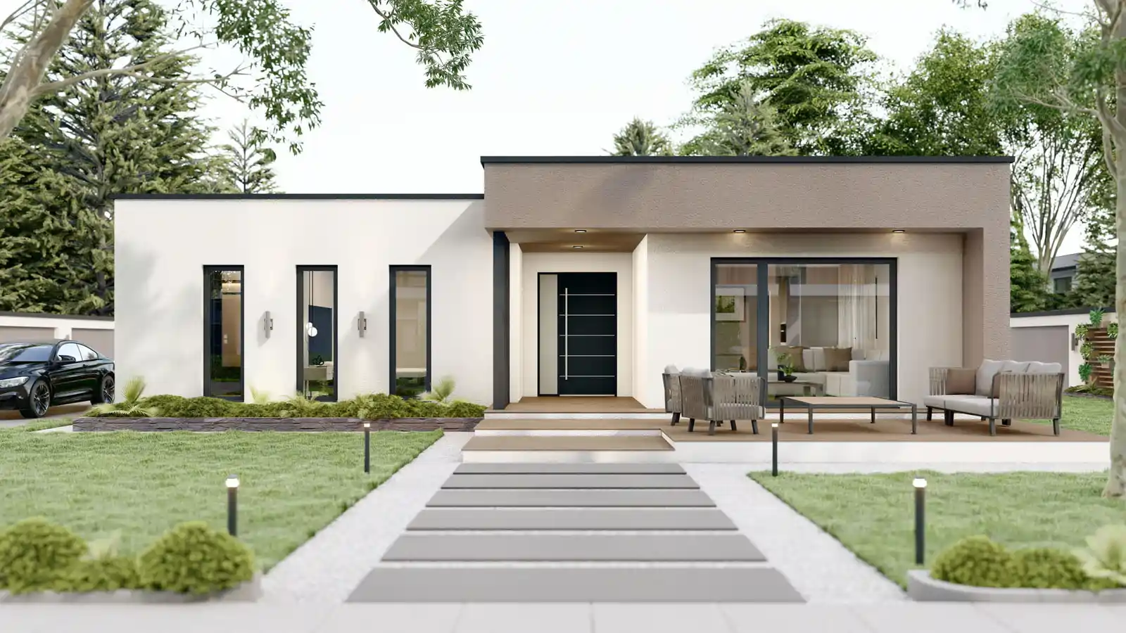 Casa prefabricada de una planta Dionis techo plano vista frontal