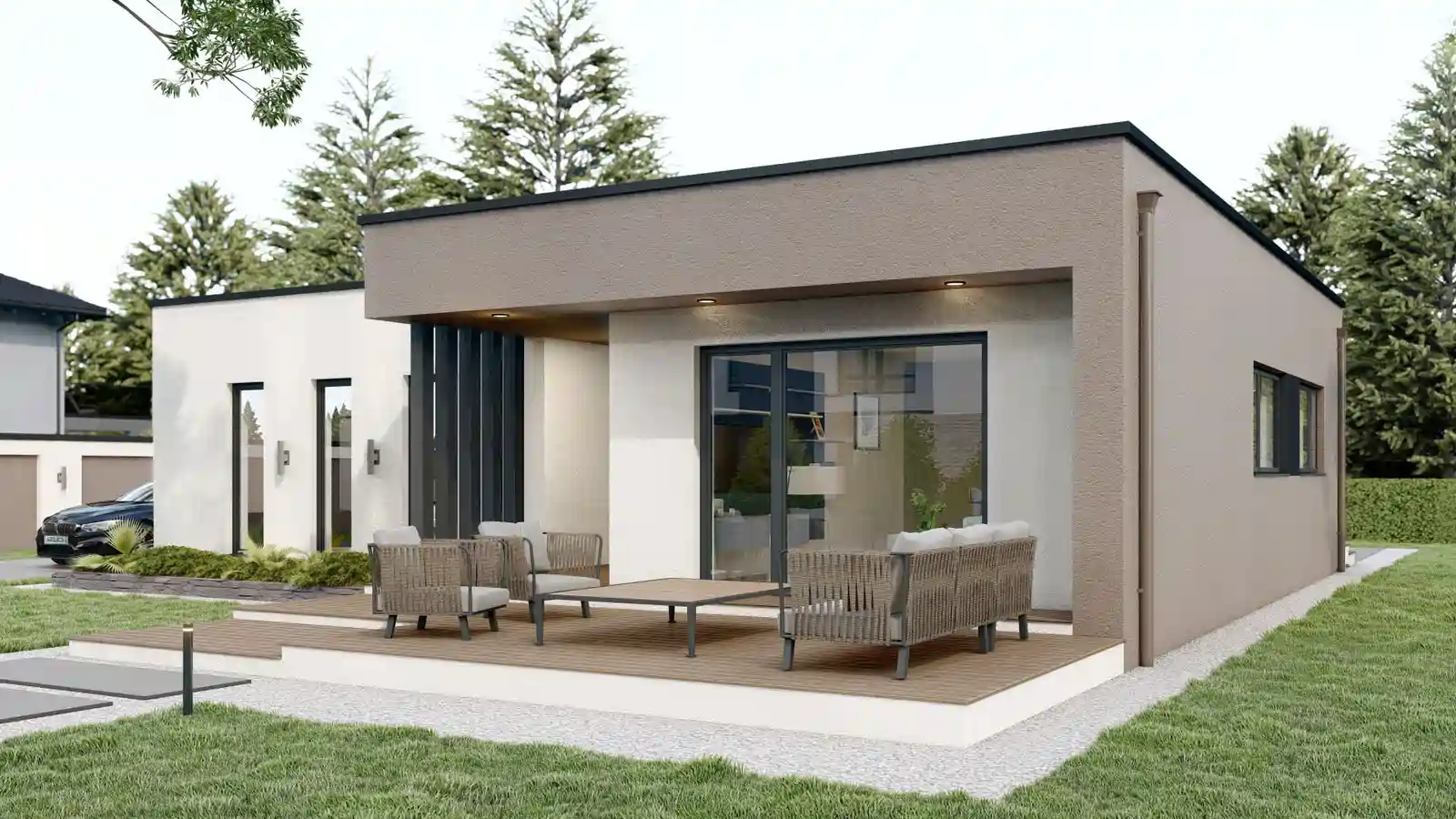 Casa prefabricada Dionis techo plano vista posterior