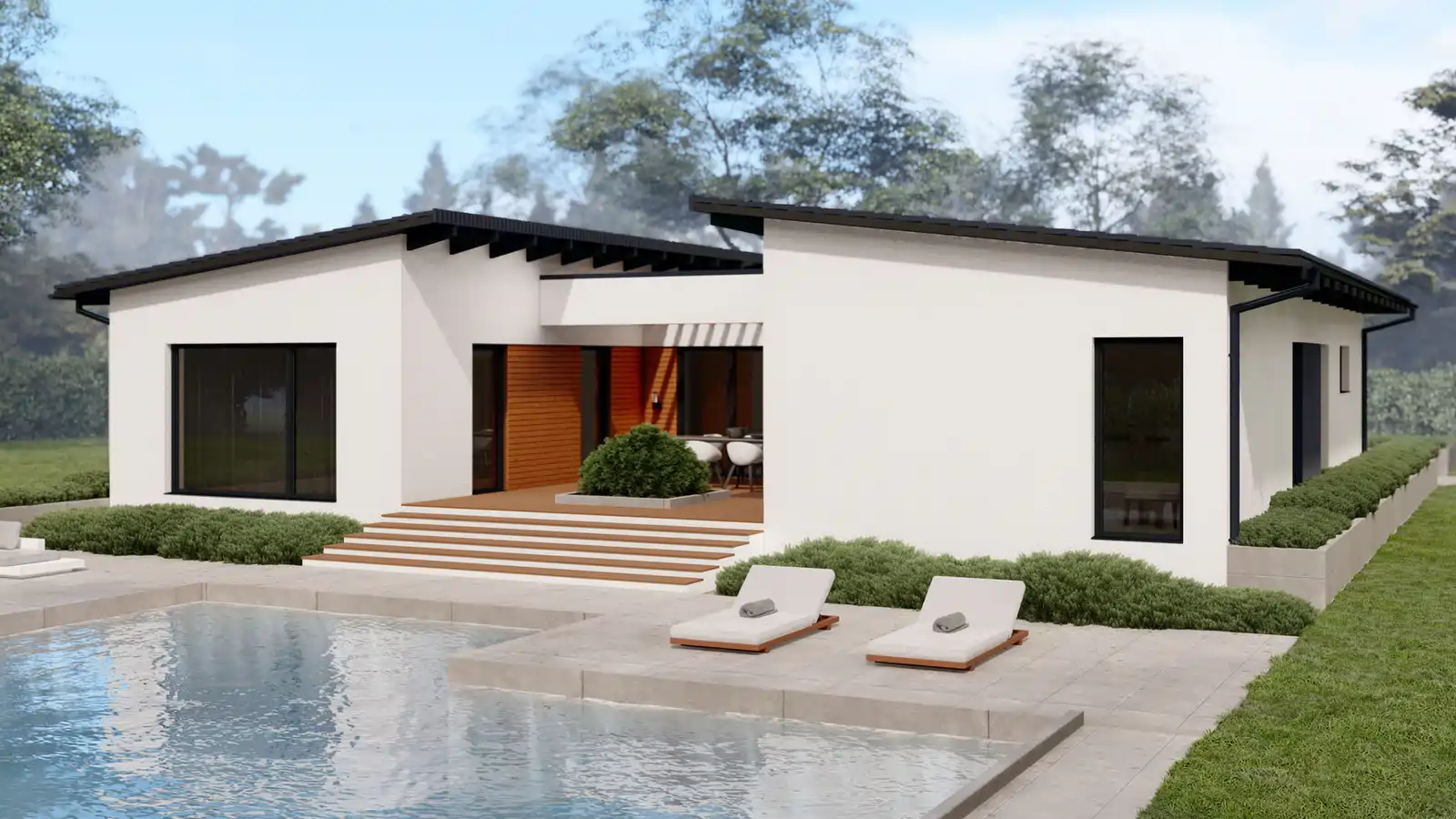 Casa prefabricada Lark 2 aguas vista piscina