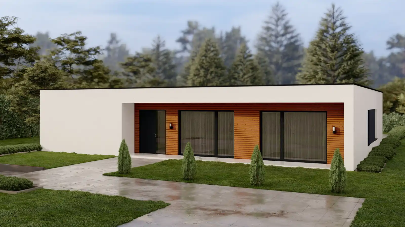 Casa prefabricada una planta Lark techo plano vista frontal