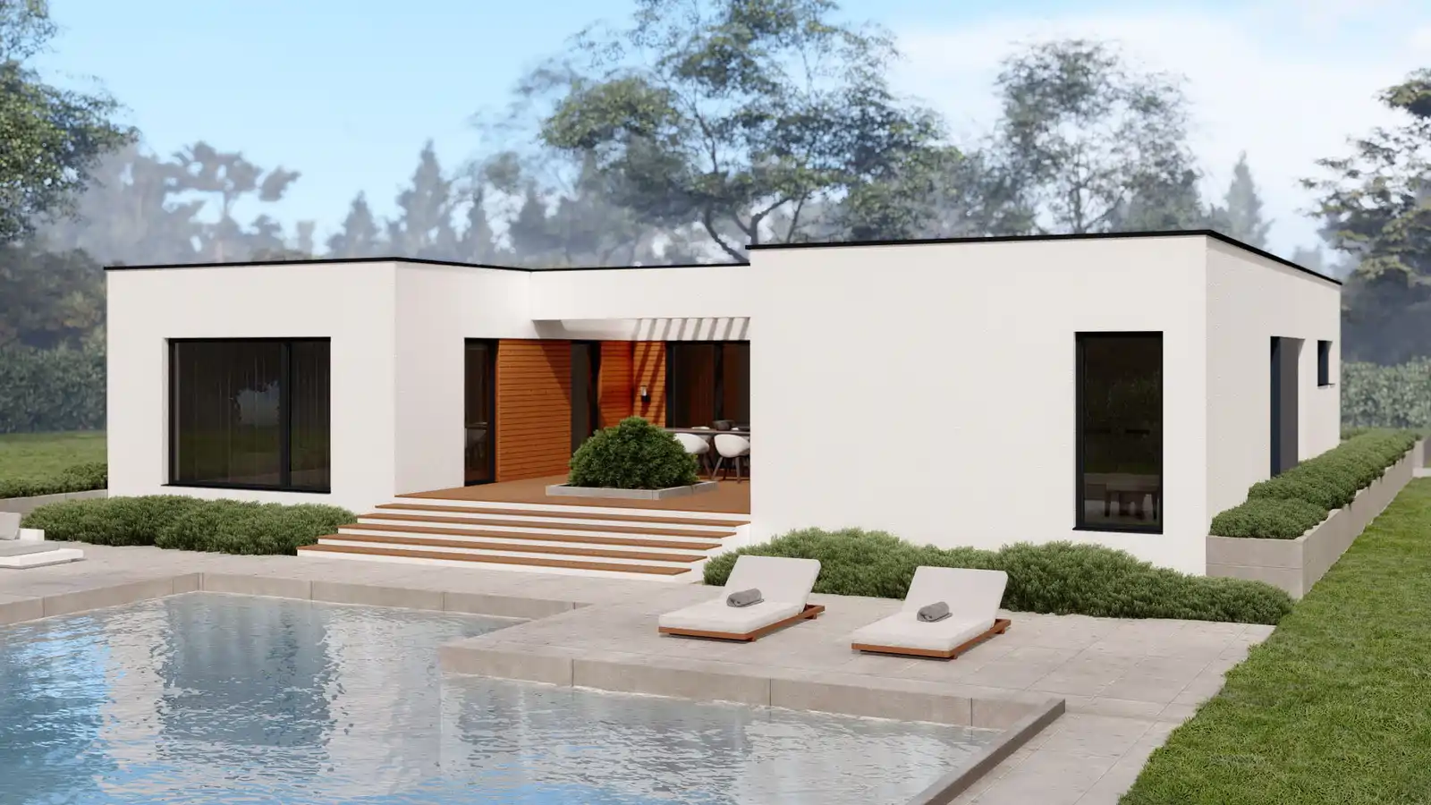 Casa prefabricada Lark techo plano vista posterior
