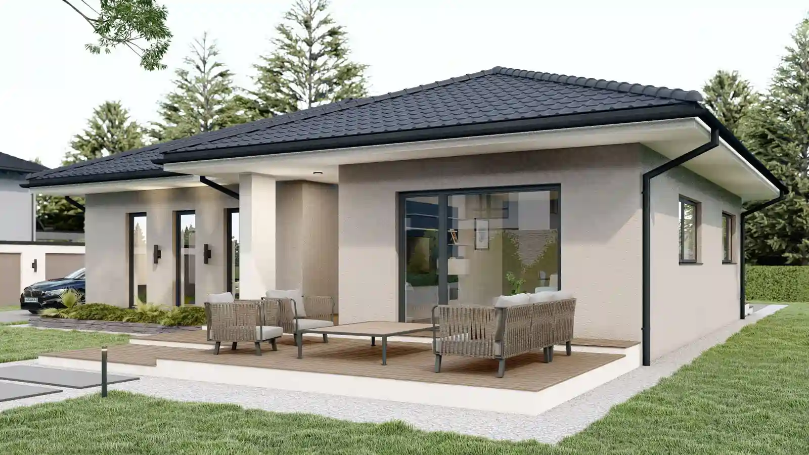 Vivienda prefabricada Dionis vista posterior 4 aguas