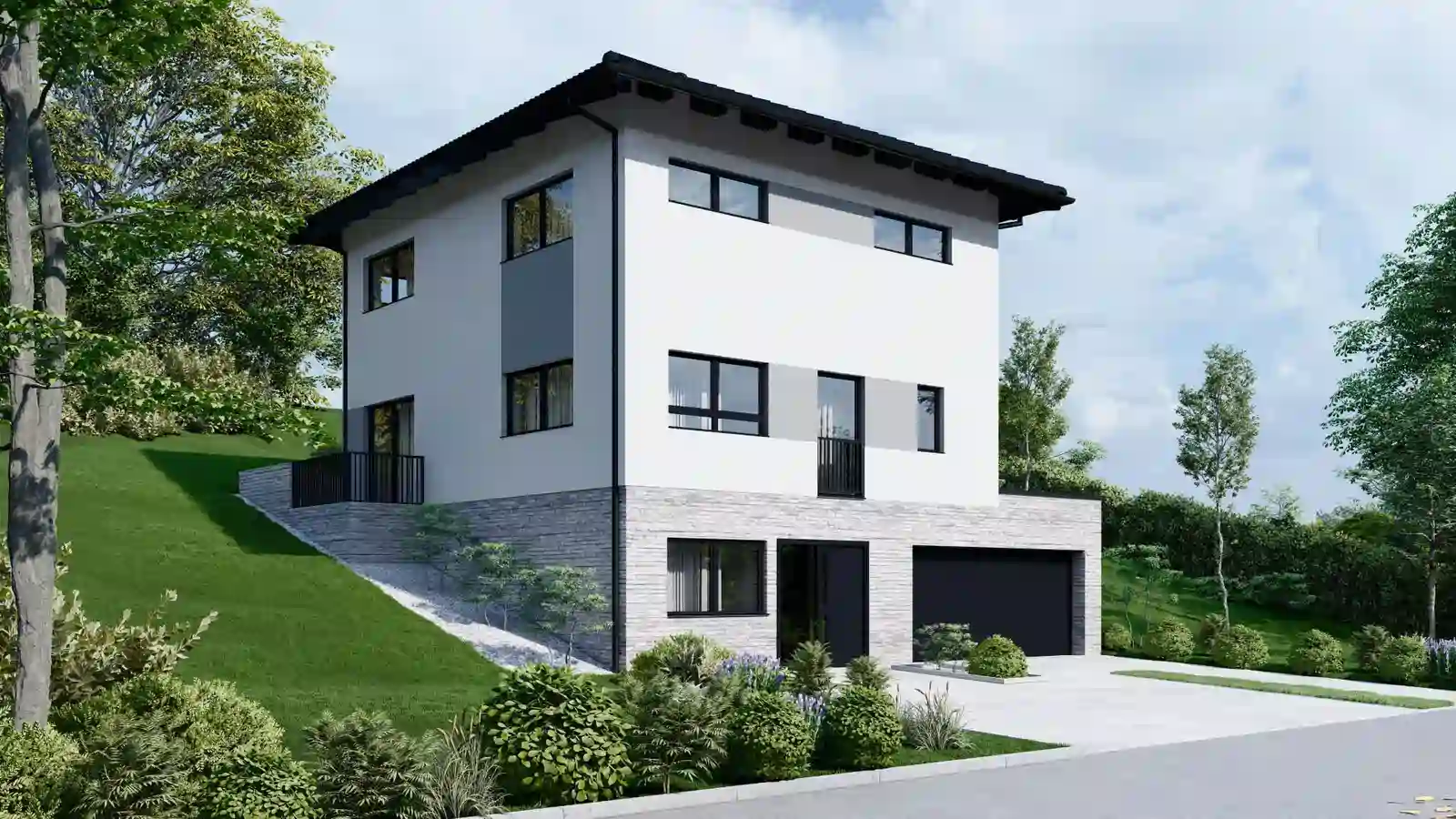 Casa prefabricada 2 plantas vista frontal lateral